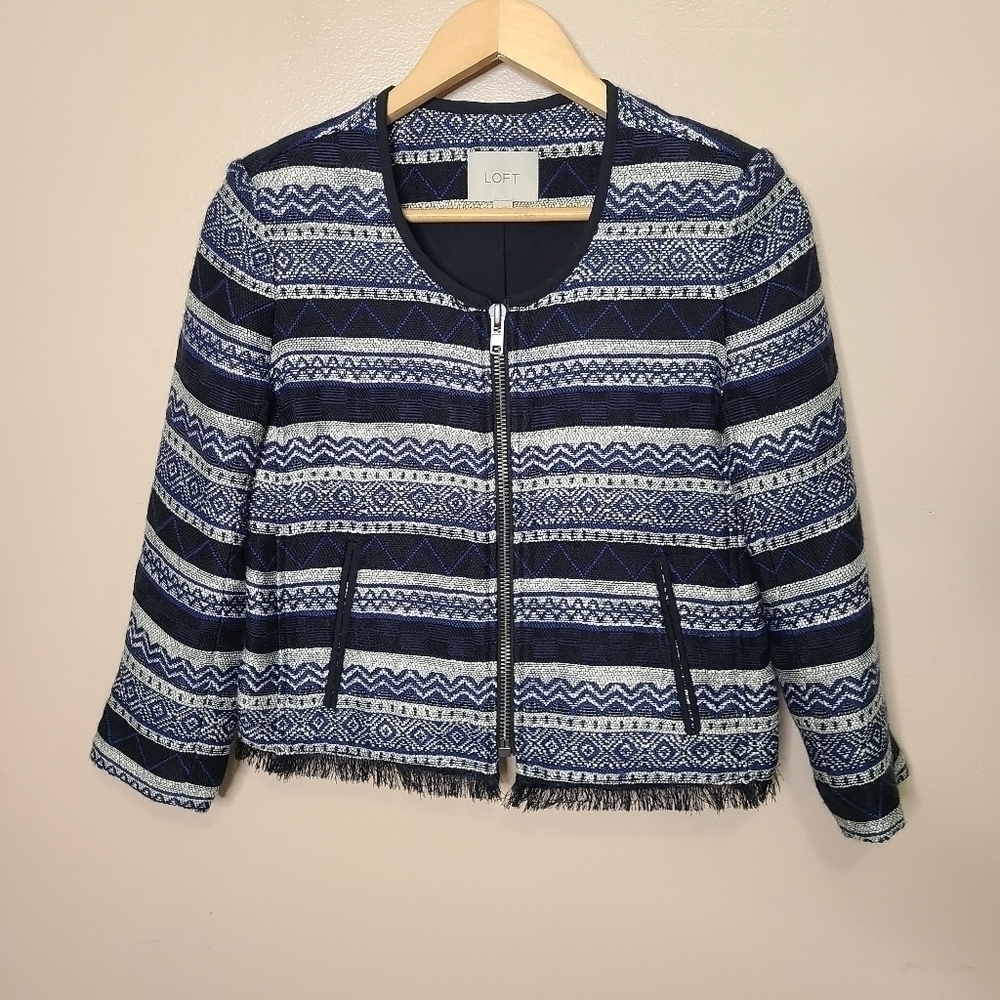 LOFT Striped Tweed Cropped Fringe Blazer